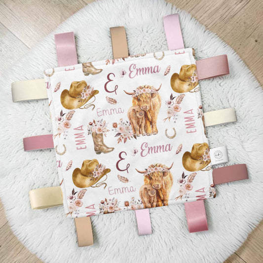 Doudou-étiquettes personnalisée | Vaches highland fleurs latté prénom répétitif