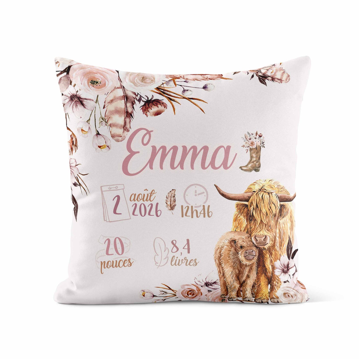 Housse de coussin personnalisée | Vache highland fleurs latté avec infos de naissance
