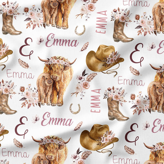 Banque de motif | Créez votre produit | Vaches highland fleurs latté prénom répétitif