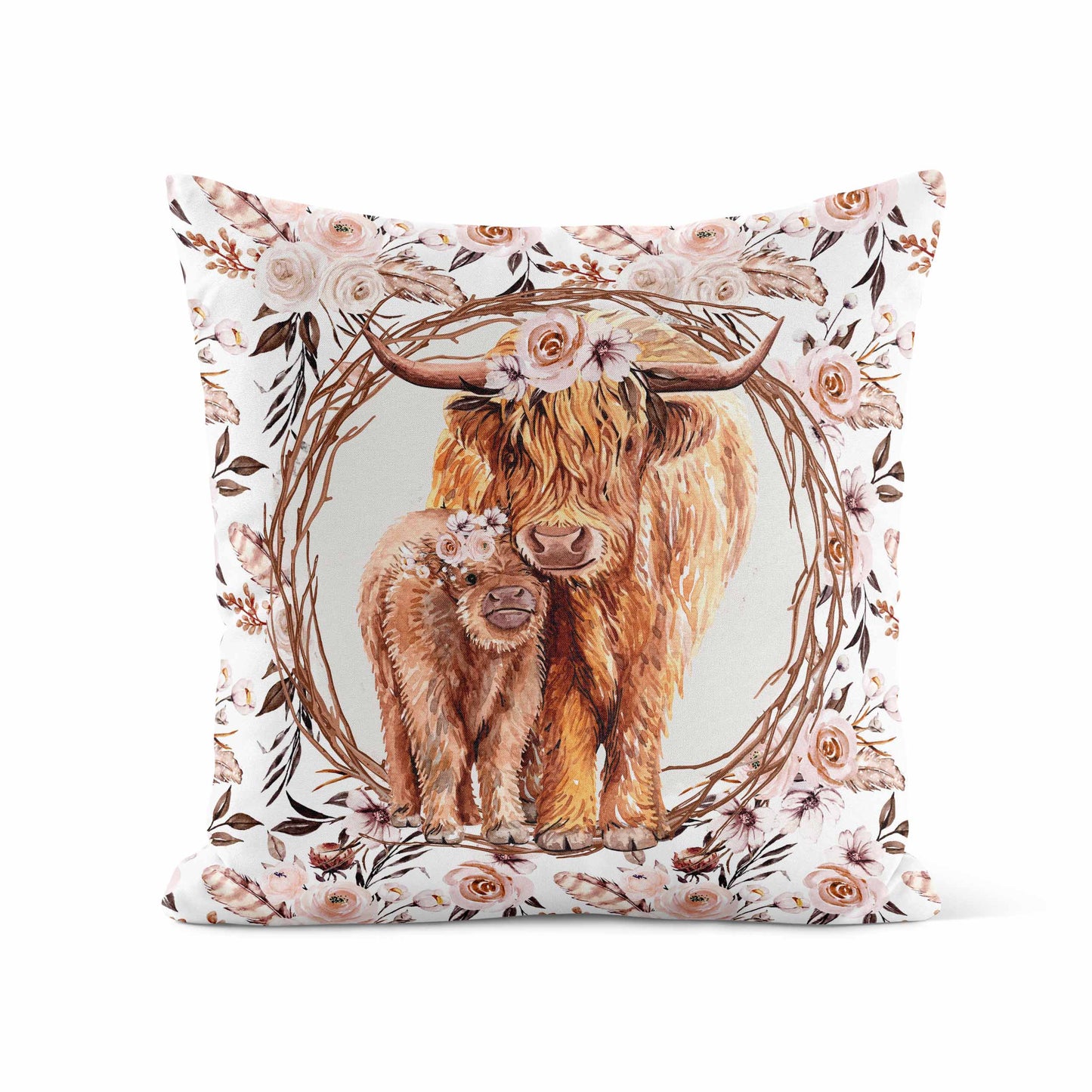 Housse de coussin | Vache highland fleurs latté panneau