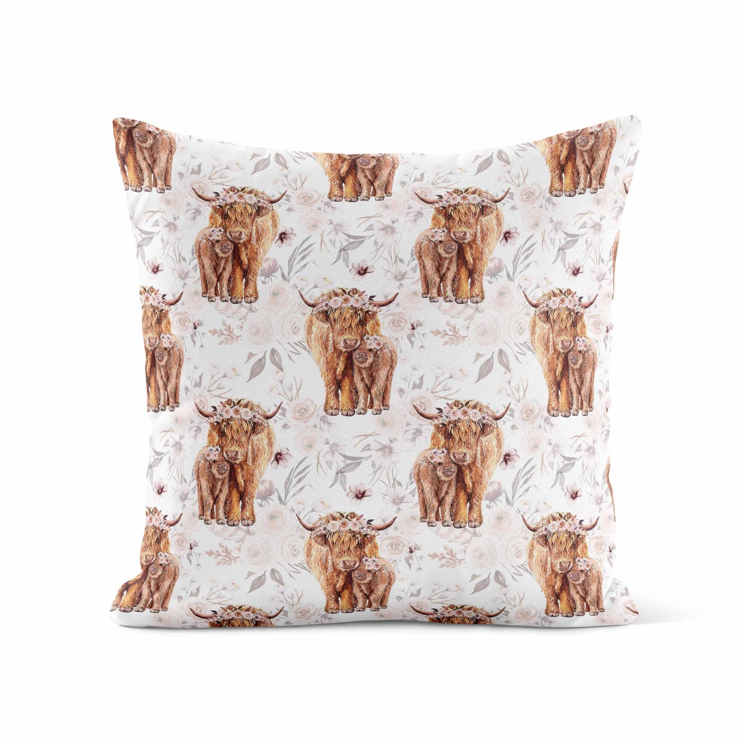 Housse de coussin | Vaches highland fleurs latté