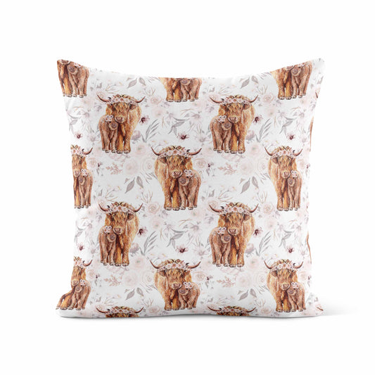 Housse de coussin | Vaches highland fleurs latté