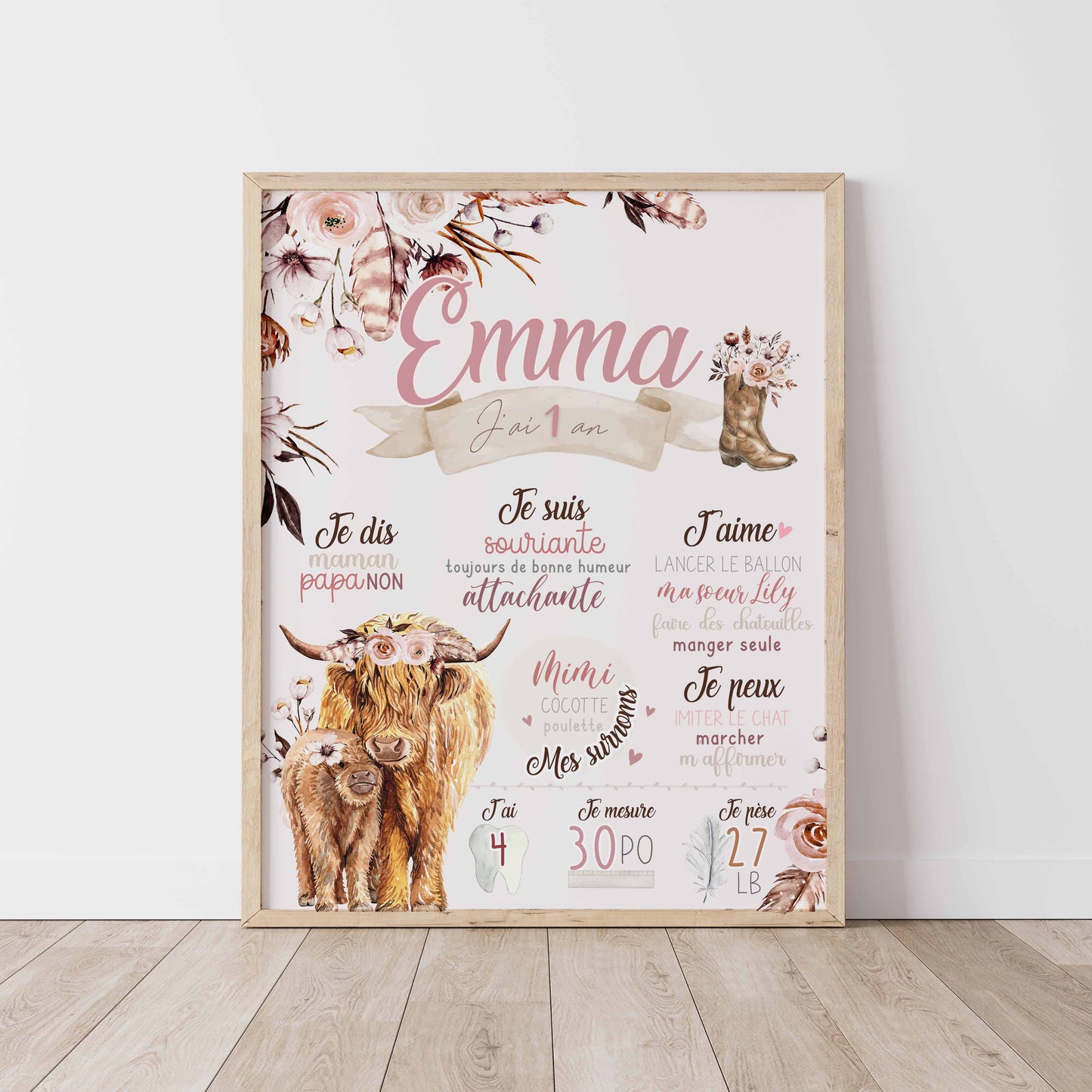 Affiche d'anniversaire | Vache highland fleurs latté