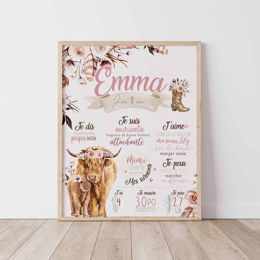 Affiche d'anniversaire | Vache highland fleurs latté