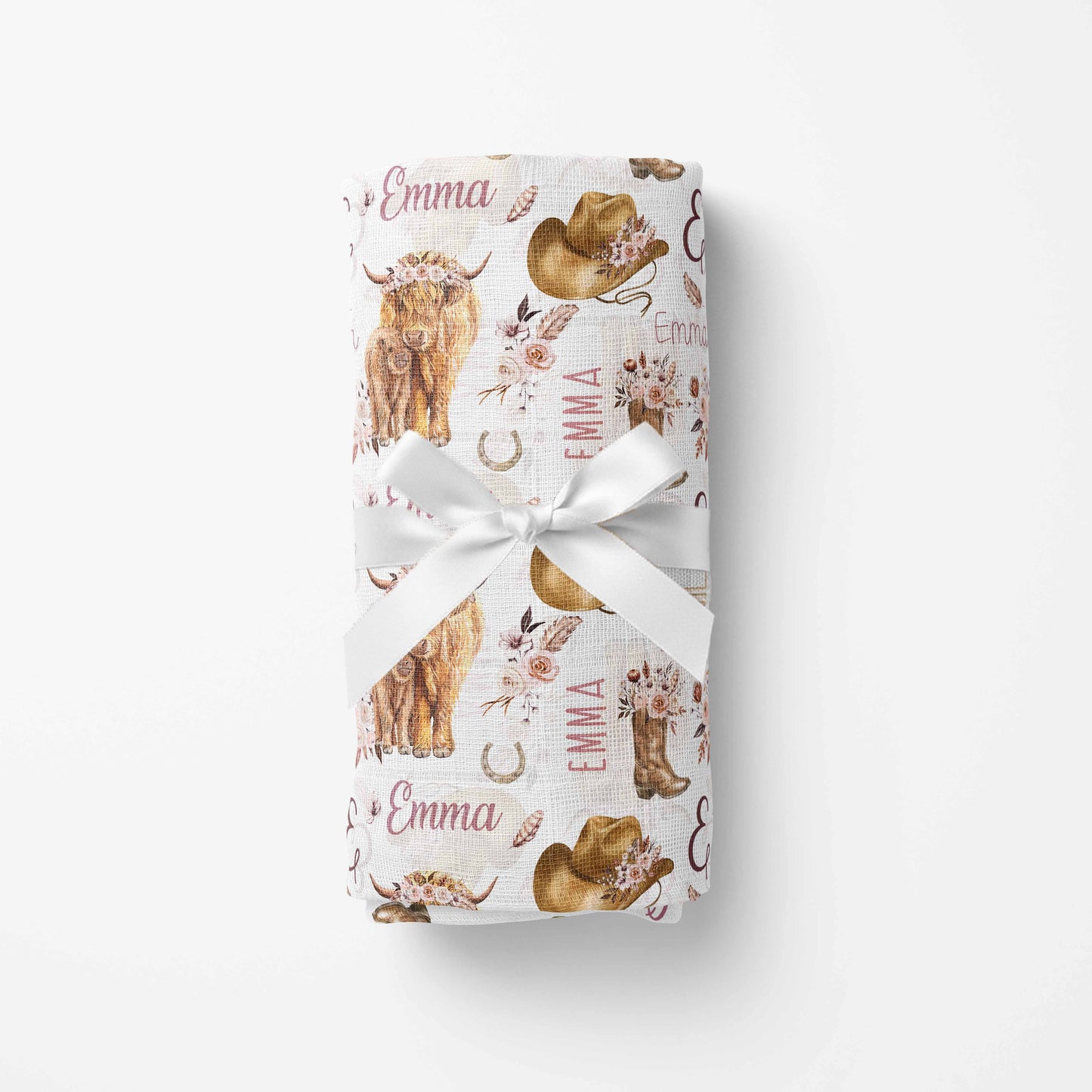 Couverture en mousseline de bambou | Vaches highland fleurs latté prénom répétitif