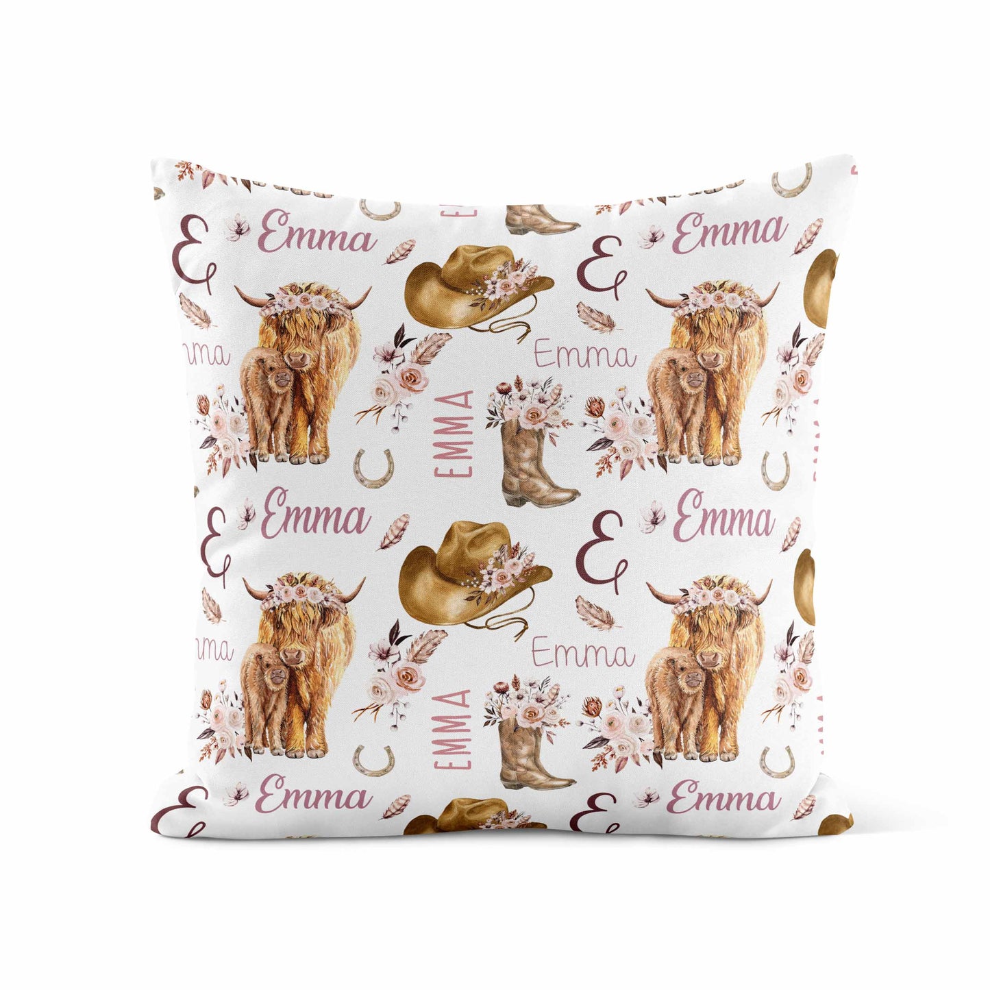 Housse de coussin personnalisée | Vache highland fleurs latté prénom répétitif