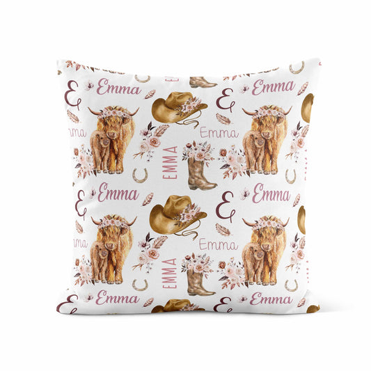 Housse de coussin personnalisée | Vache highland fleurs latté prénom répétitif