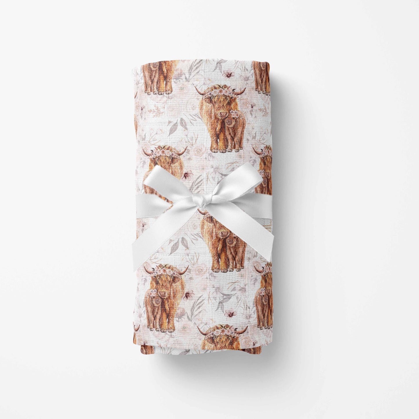 Couverture en mousseline de bambou | Vaches highland Fleurs latté