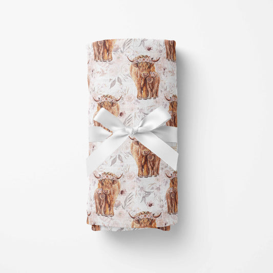 Couverture en mousseline de bambou | Vaches highland Fleurs latté