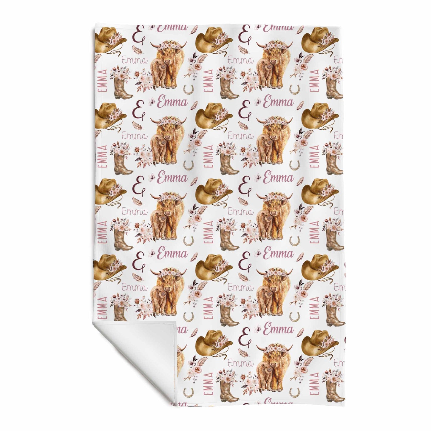 Serviette de plage en microfibre | Vache highland fleurs latté prénom répétitif
