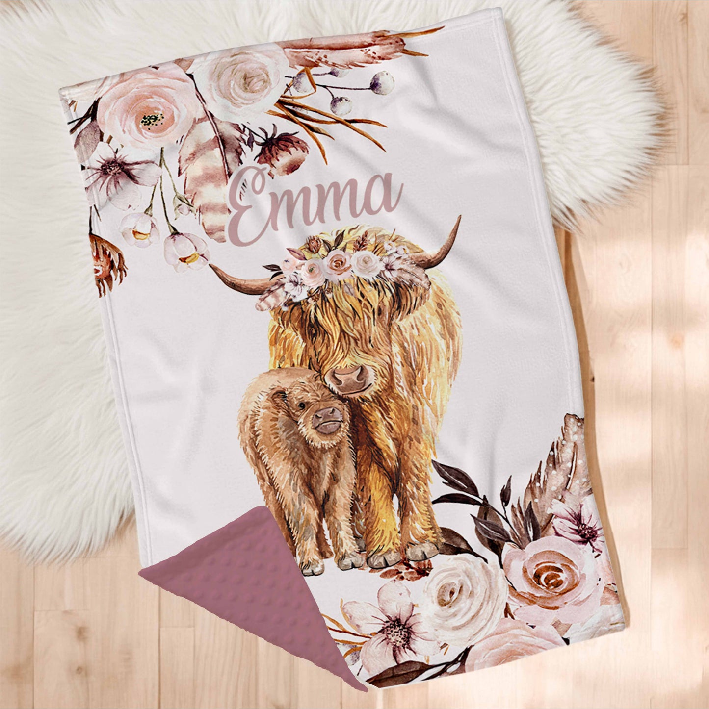 Couverture en minky personnalisée | Fleurs latté animal au choix