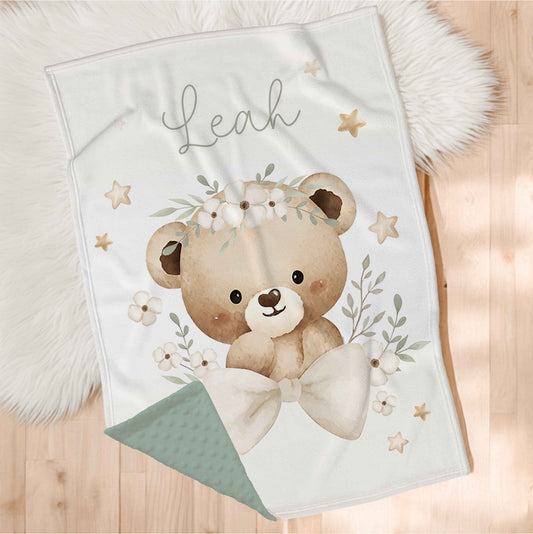 Couverture en minky personnalisée | Rêve d'ourson fleuri panneau avec prénom