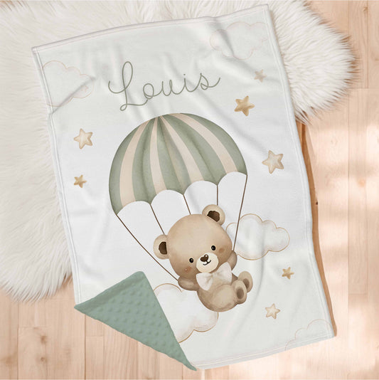 Couverture en minky personnalisée | Rêve d'ourson parachute panneau