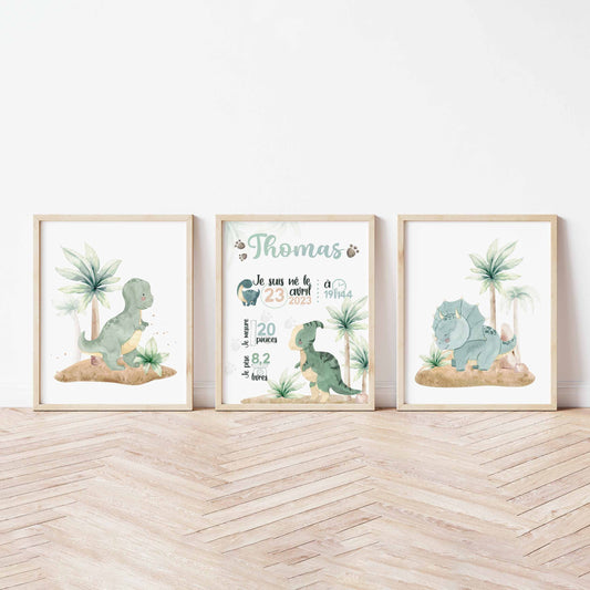 Ensemble de trois affiches numériques | Dinosaures sauge avec affiche de naissance