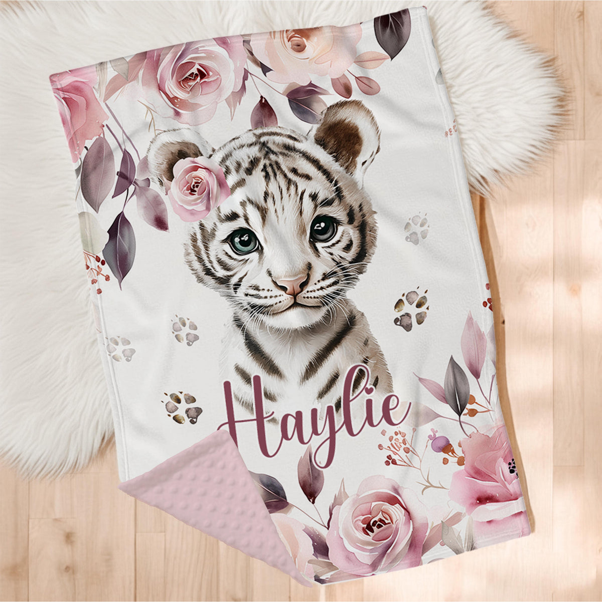 Couverture pour bassinette personnalisée | Tigre blanc Rêve Rosé