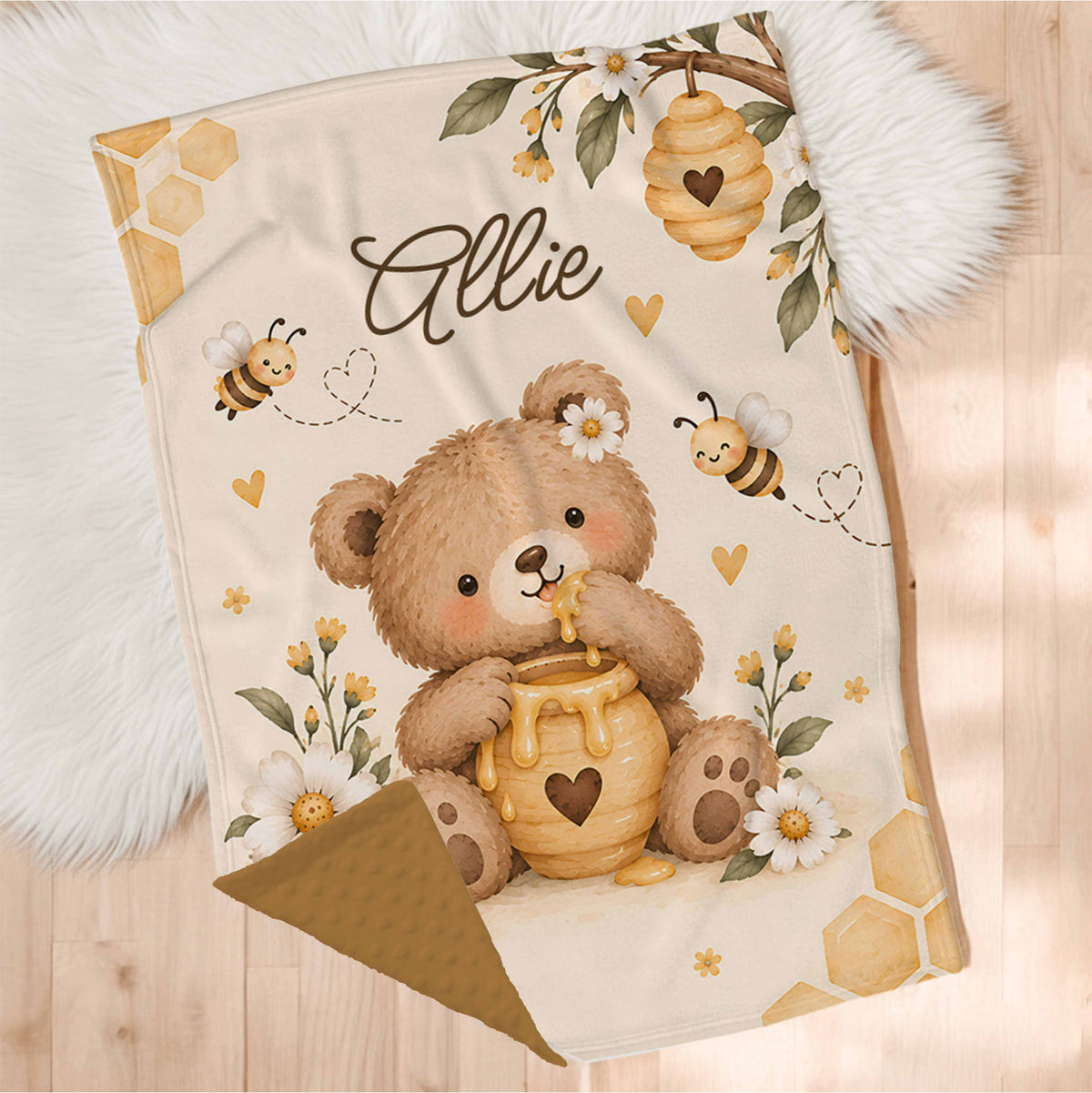 Couverture en minky personnalisée | Ourson miel et soleil panneau