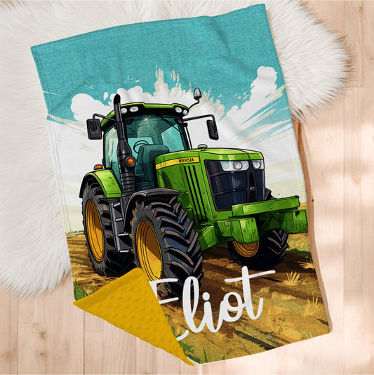 Couverture en minky personnalisée | Tracteur vert et ciel bleu
