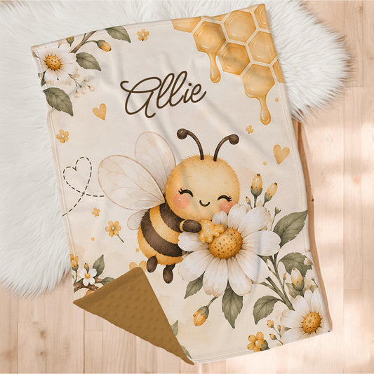 Couverture en minky personnalisée | Abeille miel et soleil panneau