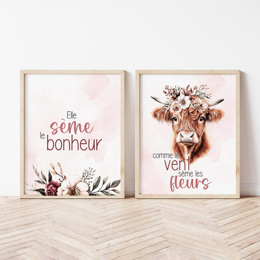 Ensemble de deux affiches numériques  | Vache mille et une fleurs et citation