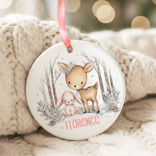 Ornement de Noël en céramique avec faon et lapin aquarelle, décor hivernal doux et prénom personnalisé Florence