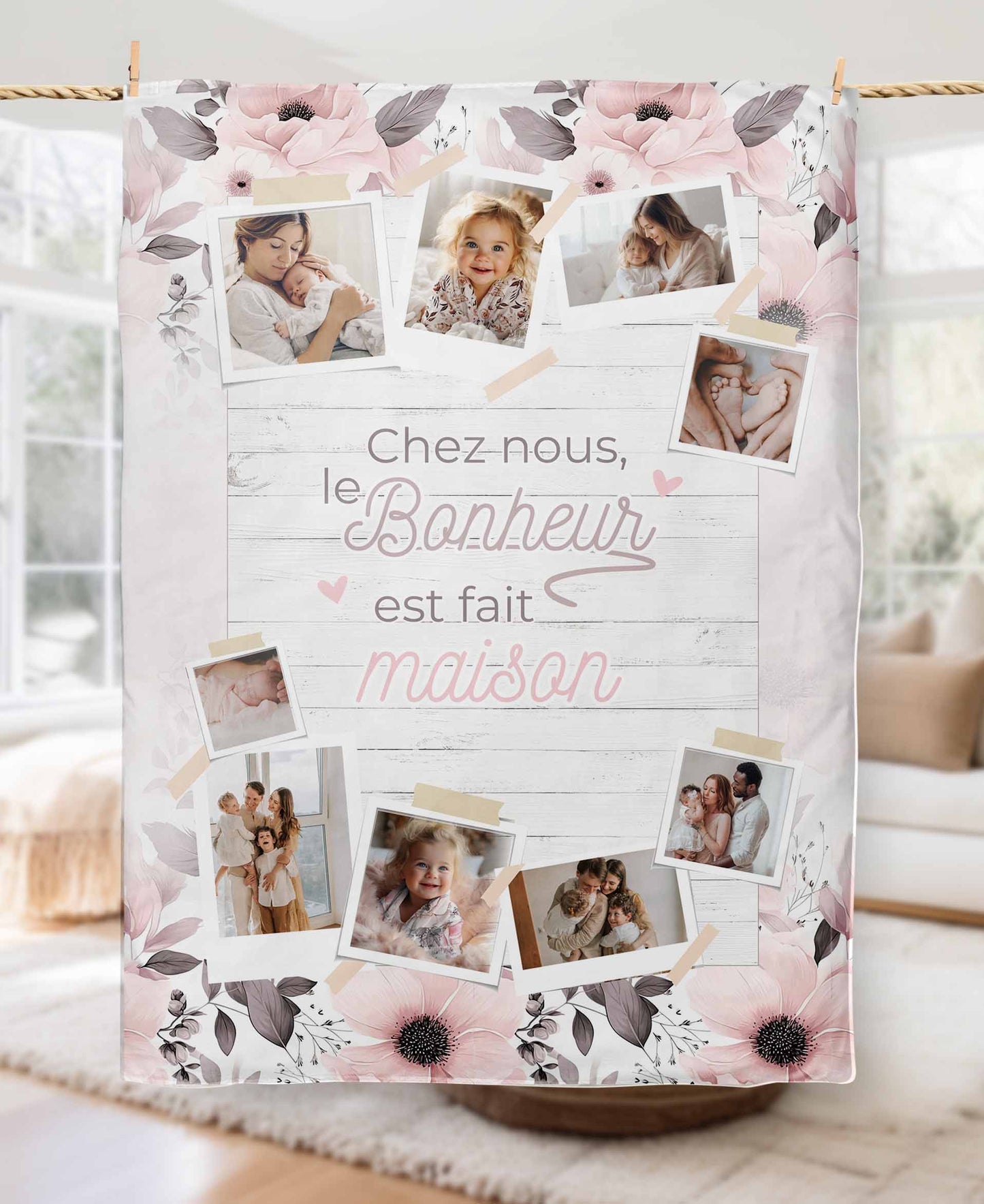 Couverture en minky avec photos et citation | Blossom Bois blanc