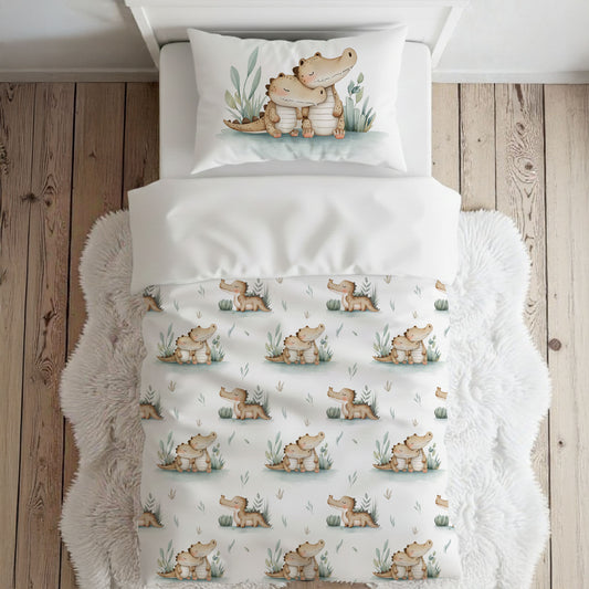 Literie pour lit simple | Câlin de crocos fond blanc