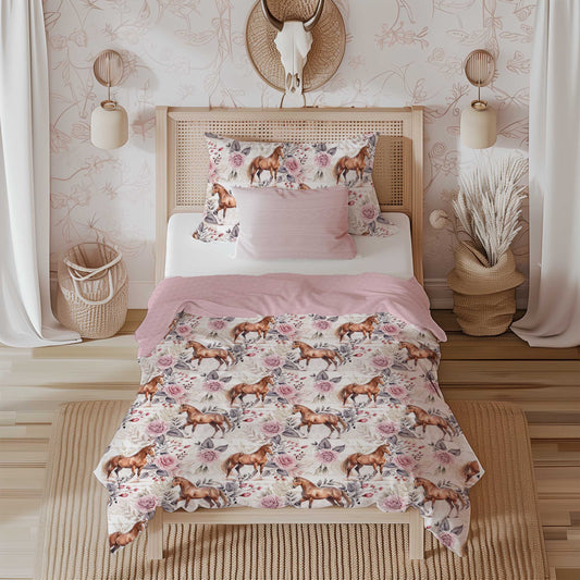 Couverture de lit simple | Chevaux Pastel Rose