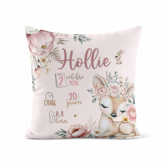Housse de coussin personnalisée | Douce Forêt avec infos de naissance