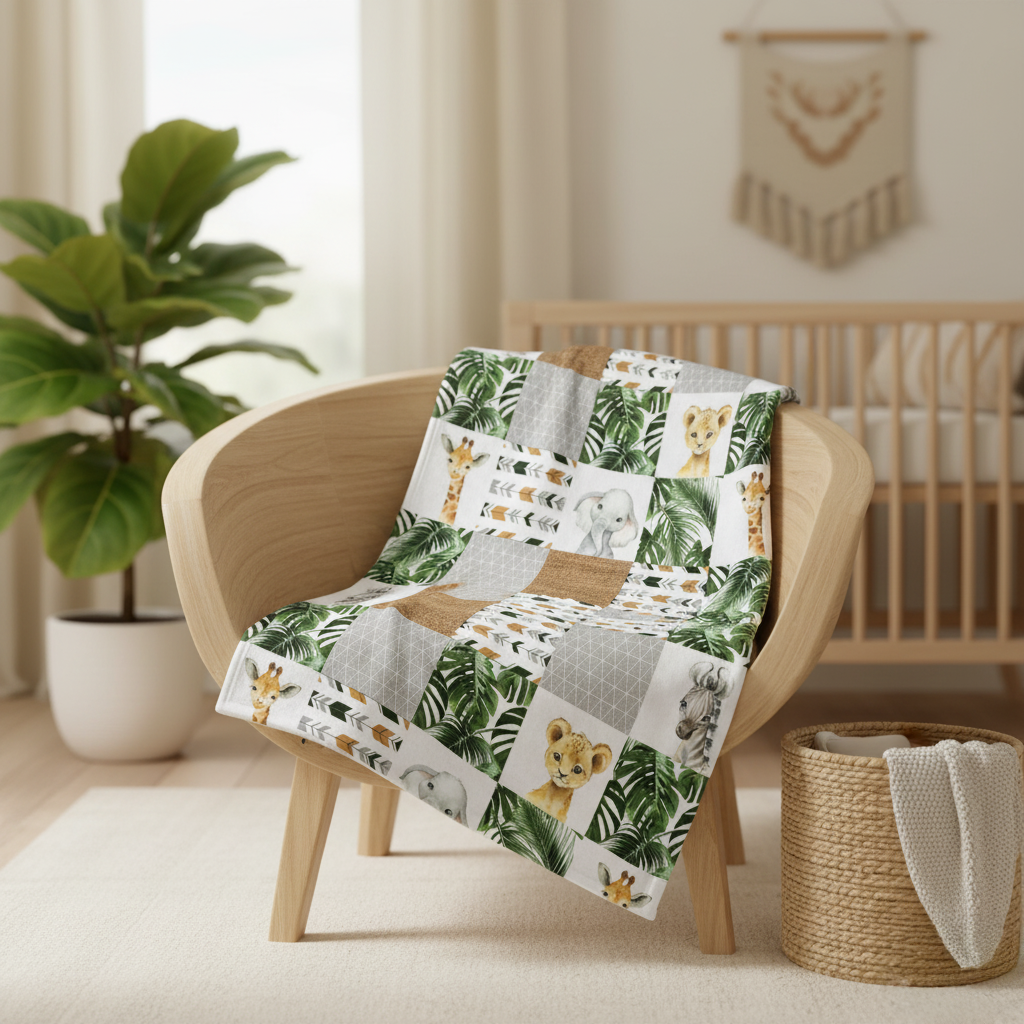 Couverture bébé patchwork safari avec animaux d’Afrique et feuilles tropicales, déposée sur une chaise en bois dans une chambre de bébé moderne et lumineuse.