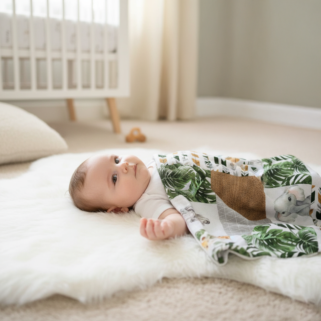 Bébé allongé sur un tapis doux avec une couverture patchwork safari, motifs animaux d’Afrique et feuilles tropicales.