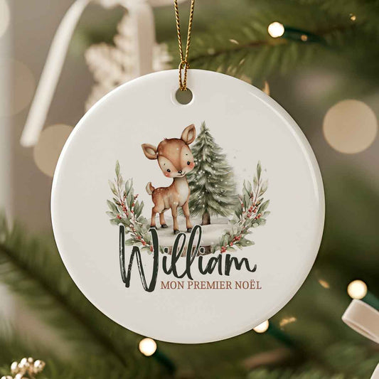 Ornement de Noël personnalisé en céramique | Mon premier Noël | Daim et forêt de Noël