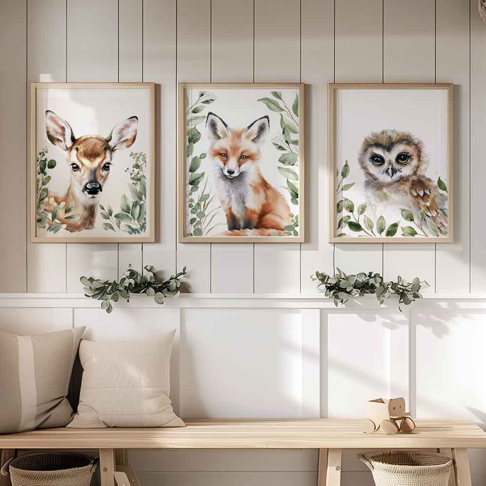 Ensemble de trois affiches numériques  | Daim, renard et hibou eucalyptus