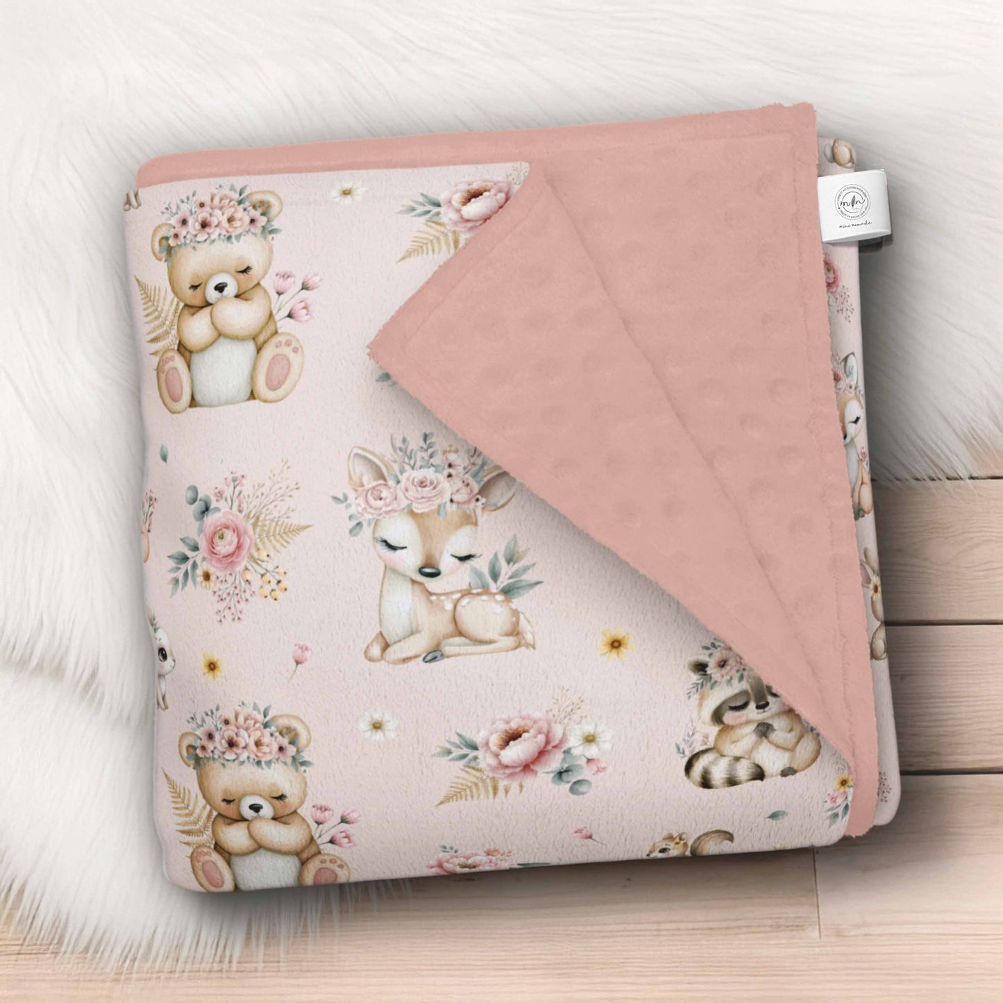 Couverture en minky | Douce Forêt fond rose
