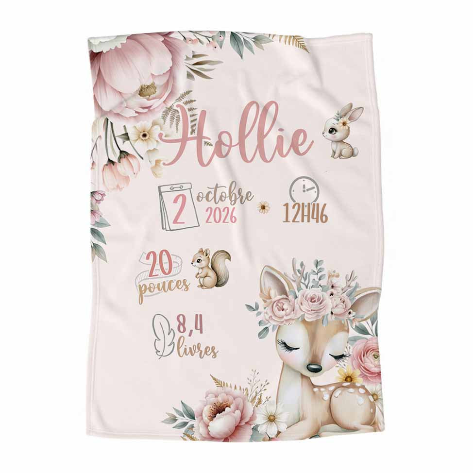 Couverture en minky personnalisée | Douce Forêt infos de naissance