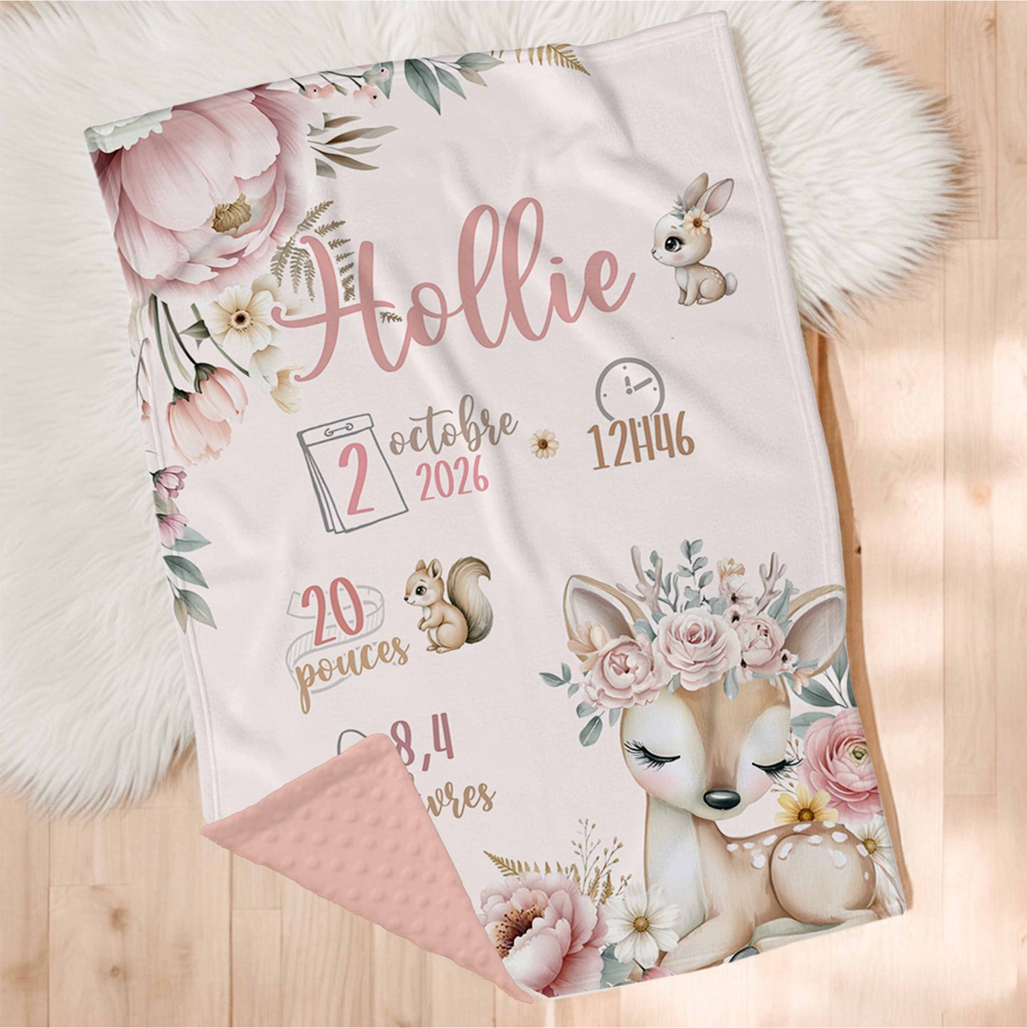 Couverture en minky personnalisée | Douce Forêt infos de naissance
