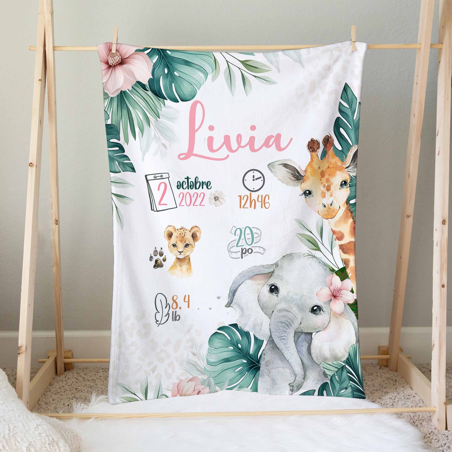 Doudou en minky personnalisée | Animaux de la Jungle Floral Safari