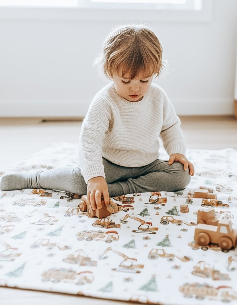 Bébé garçon enfant qui joue sur une couverture en minky au motif de machinerie et construction de Noël- avec blocs de bois et jouets de bois