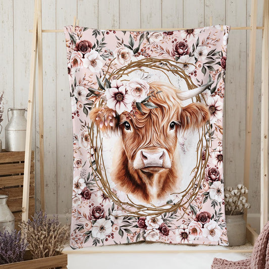 Doudou en minky | Vache Highland Mille et une fleurs en panneau