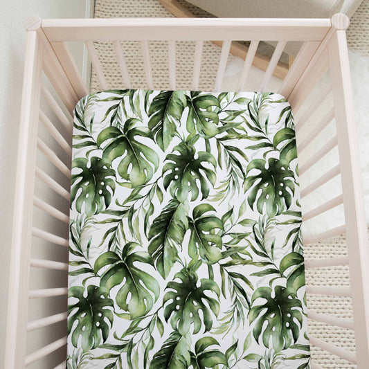 drap-bassinette-exotique-monstera-jungle-exotique-drap-coton-chambre-bébé-baby-crib-bedding-leaves-jungle