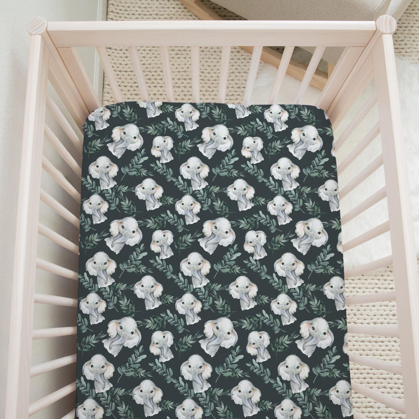 Drap contour pour bassinette | Éléphants eucalyptus fond foncé