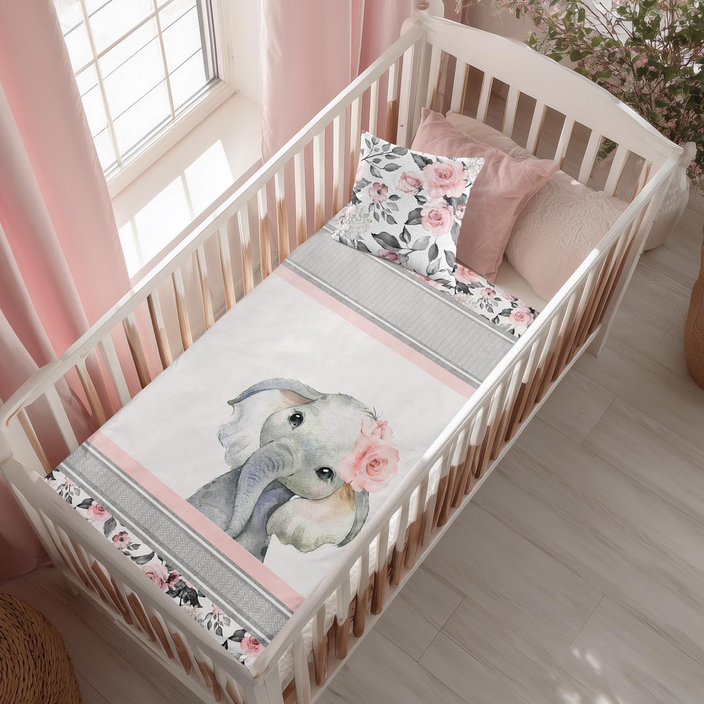Ensemble de couverture et coussin pour bassinette | Éléphant Petite Rose en panneau