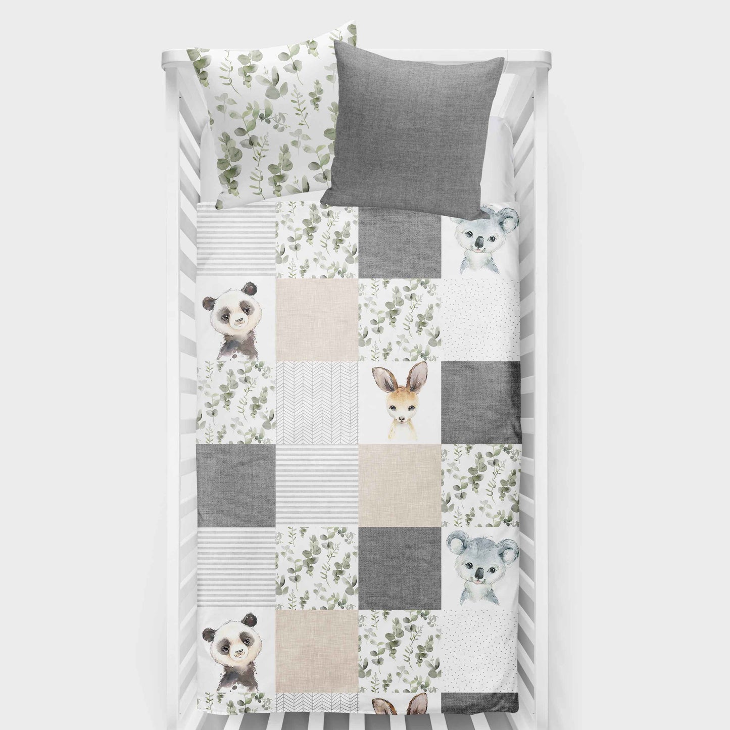 Couverture pour bassinette | Feuillage Olive-Gris animaux d'Asie Patchwork