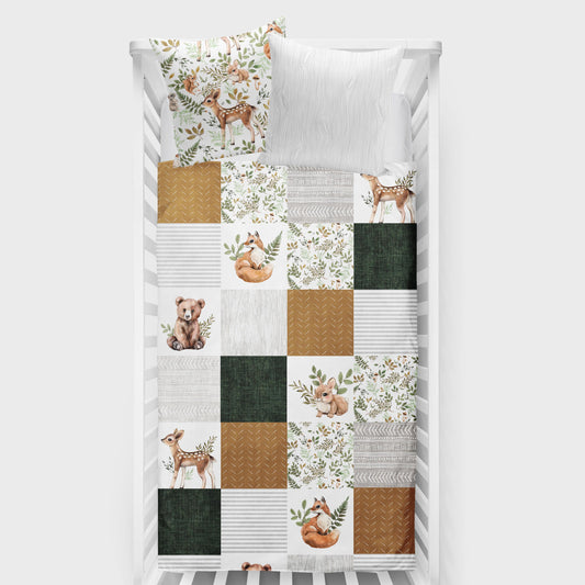 Couverture pour bassinette | Forêt Enchantée fond blanc Patchwork