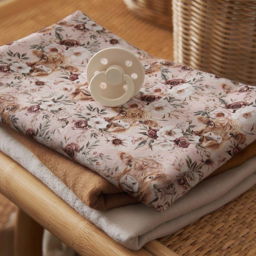 Mousseline de bambou avec un motif de vaches highland et de fleurs bourgognes, roses et crème. Une suece Bibs est déposée sur la couverture pour bébé fille, nouveau-né. Thématique country, ferme et vache.
