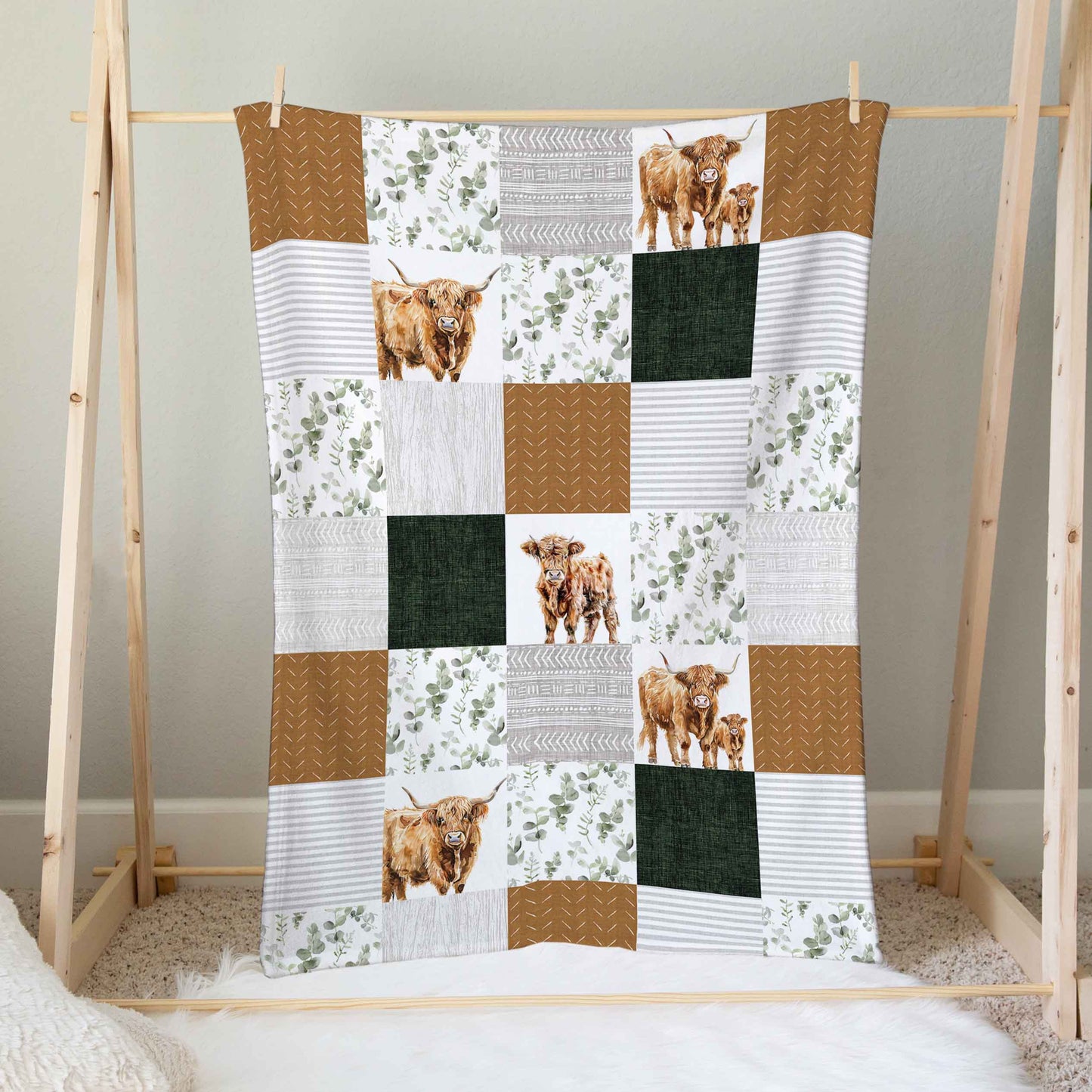 Doudou en minky | Highland Feuillage Olive-Gris Patchwork