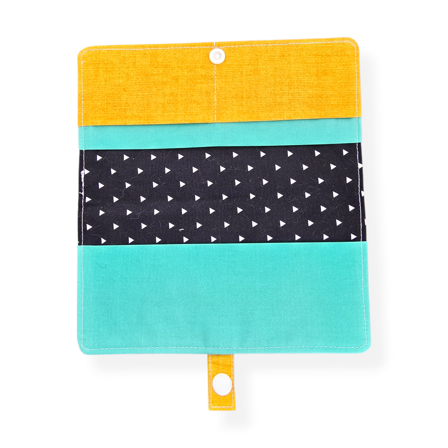 Protège-carnet de santé bébé motif veau aquarelle, tissu turquoise et jaune moutarde, fait main au Québec, carte hopital bébé carnet de santé