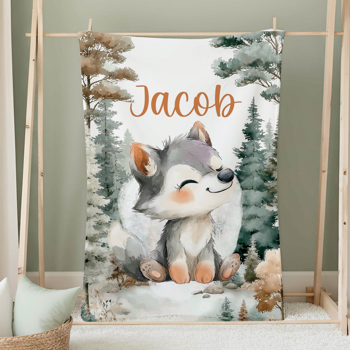 Couverture bébé personnalisée Petit Loup des Bois, avec prénom Jacob, illustration de loup mignon en forêt, couverture ultra douce Mini Nomade