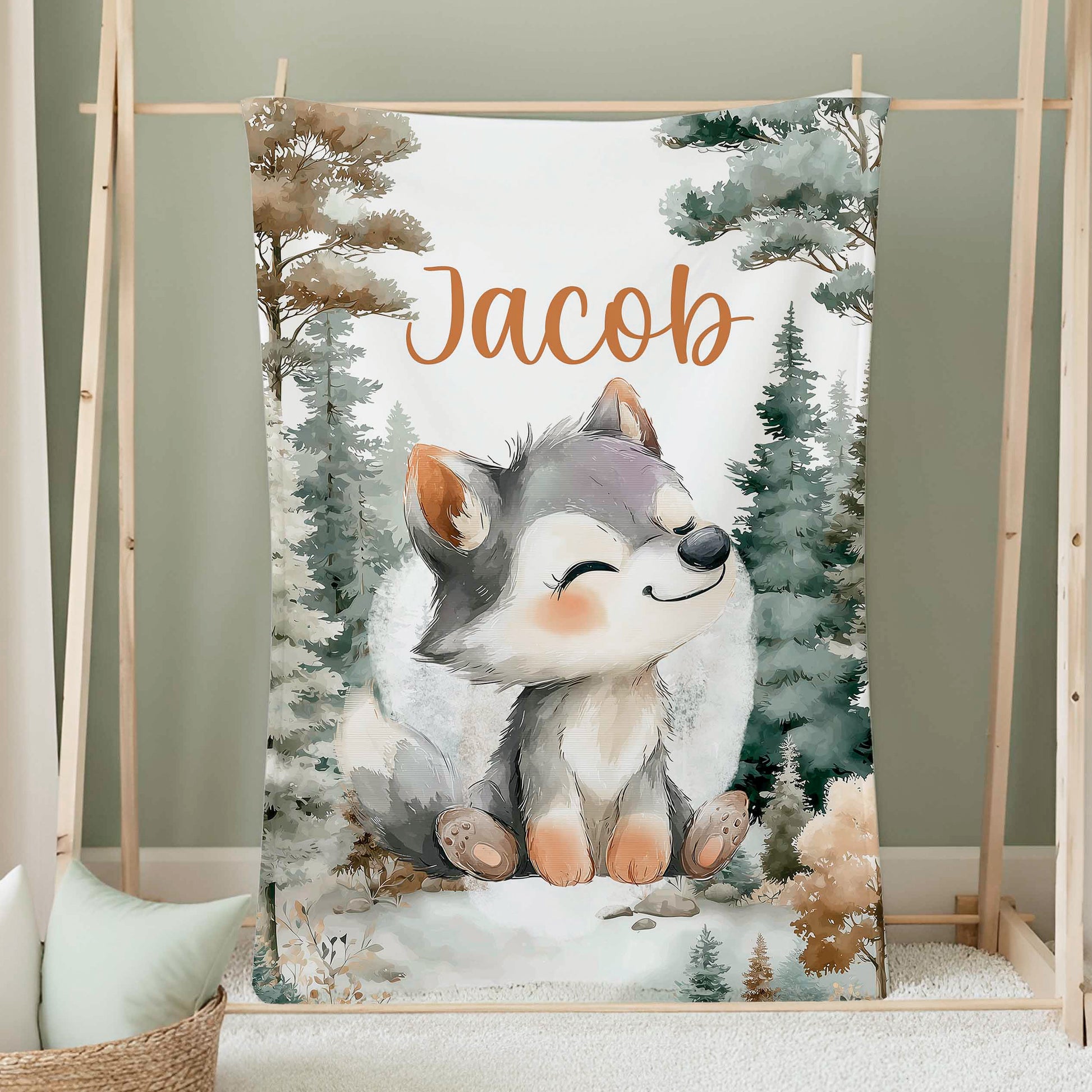 Couverture bébé personnalisée Petit Loup des Bois, avec prénom Jacob, illustration de loup mignon en forêt, couverture ultra douce Mini Nomade