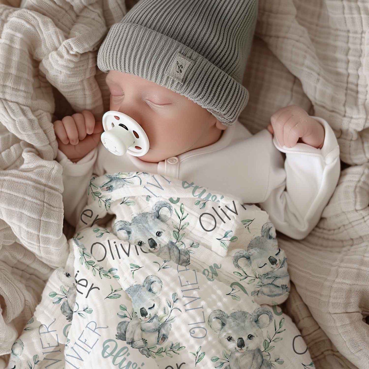 Couverture en mousseline de bambou | Koala eucalyptus prénom répétitif