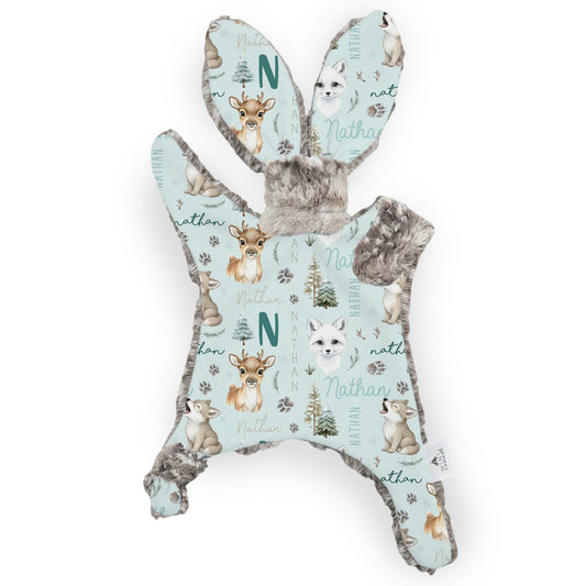 Lapinou personnalisé | Amis de l'hiver fond bleu prénom répétitif